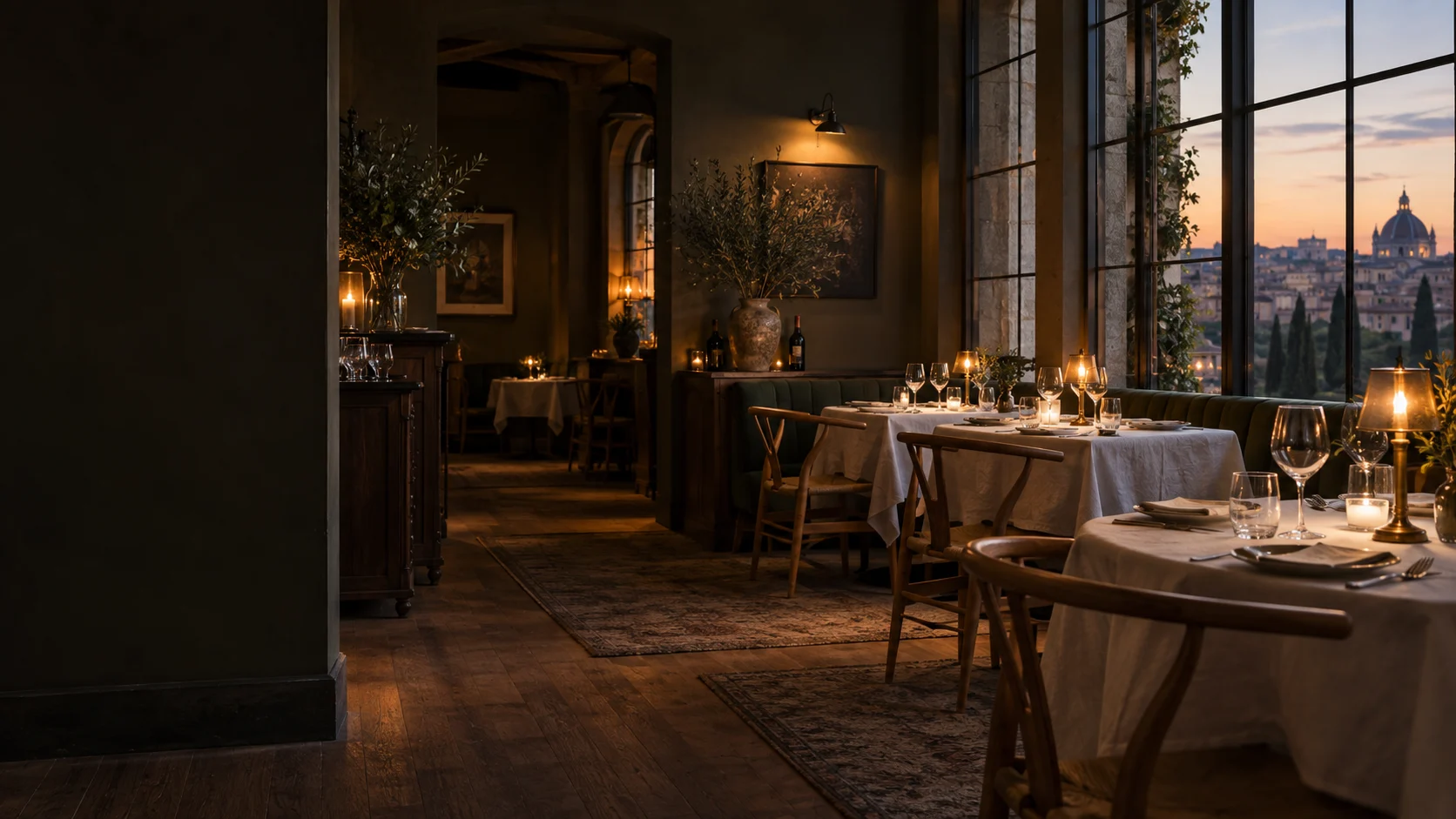 Ein stimmungsvoll gedecktes Restaurant im Abendlicht